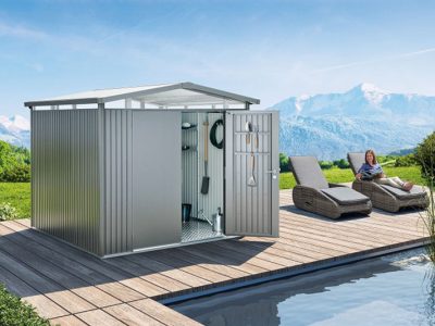 Hellgraues Gerätehaus Metall, mit Pultdach, HolzLand Hundshammer Deggendorf